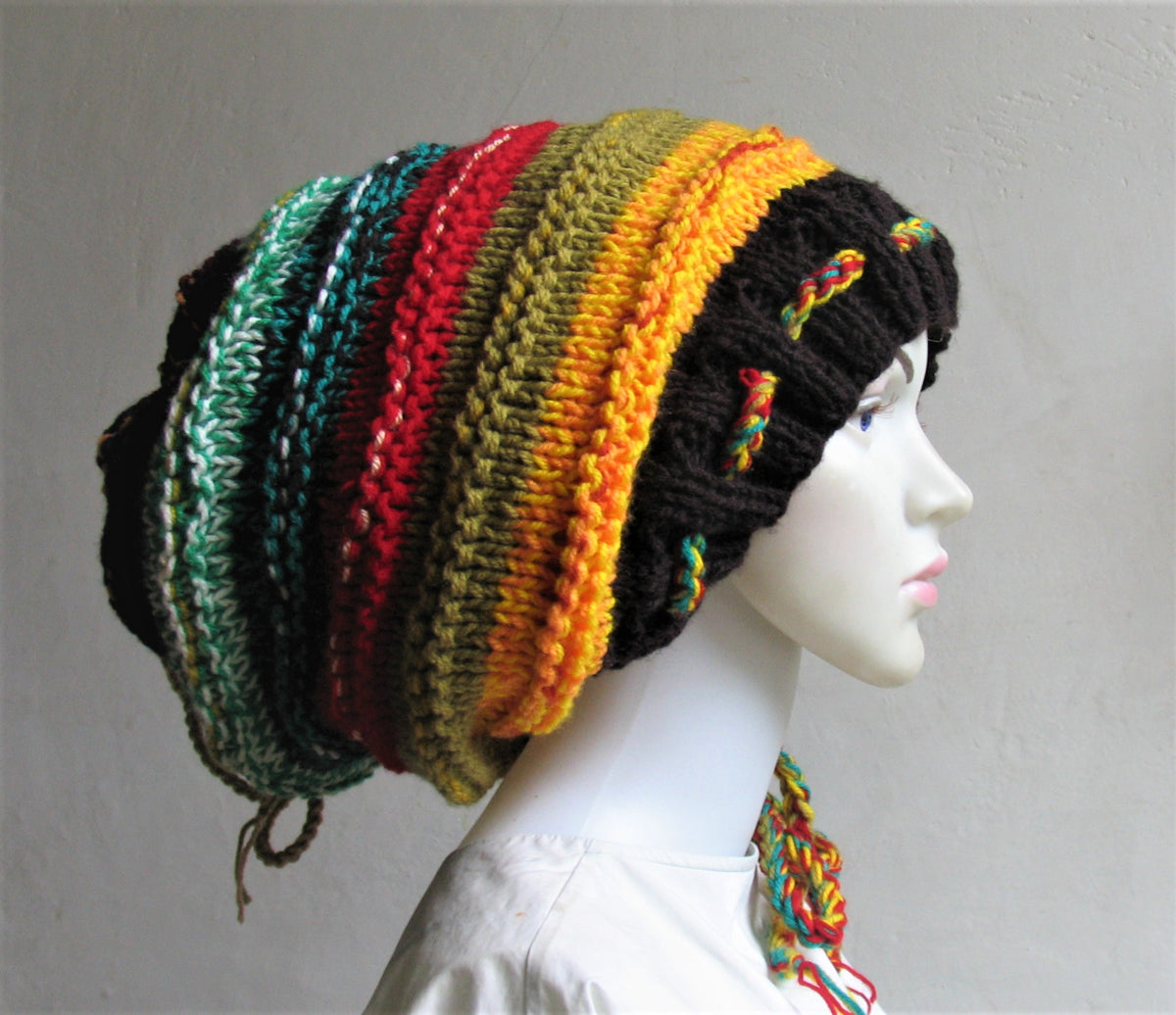 Long Slouchy Striped Knit Dreadlock Beanie Hat - Stretchable Winter Cotton RW Rasta Stretch Long Beanie Hats (Gray) at Amazon Men main image 2