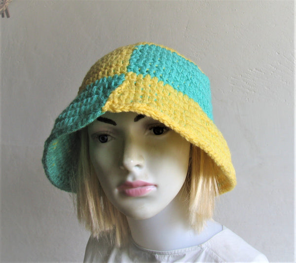 Checkered Bucket Hat Bucket Hat Crochet Women Man Bucket Hat Unisex Fisherman Hat Festival Hat Rustic Brim Hat Cotton Multicolor Hat