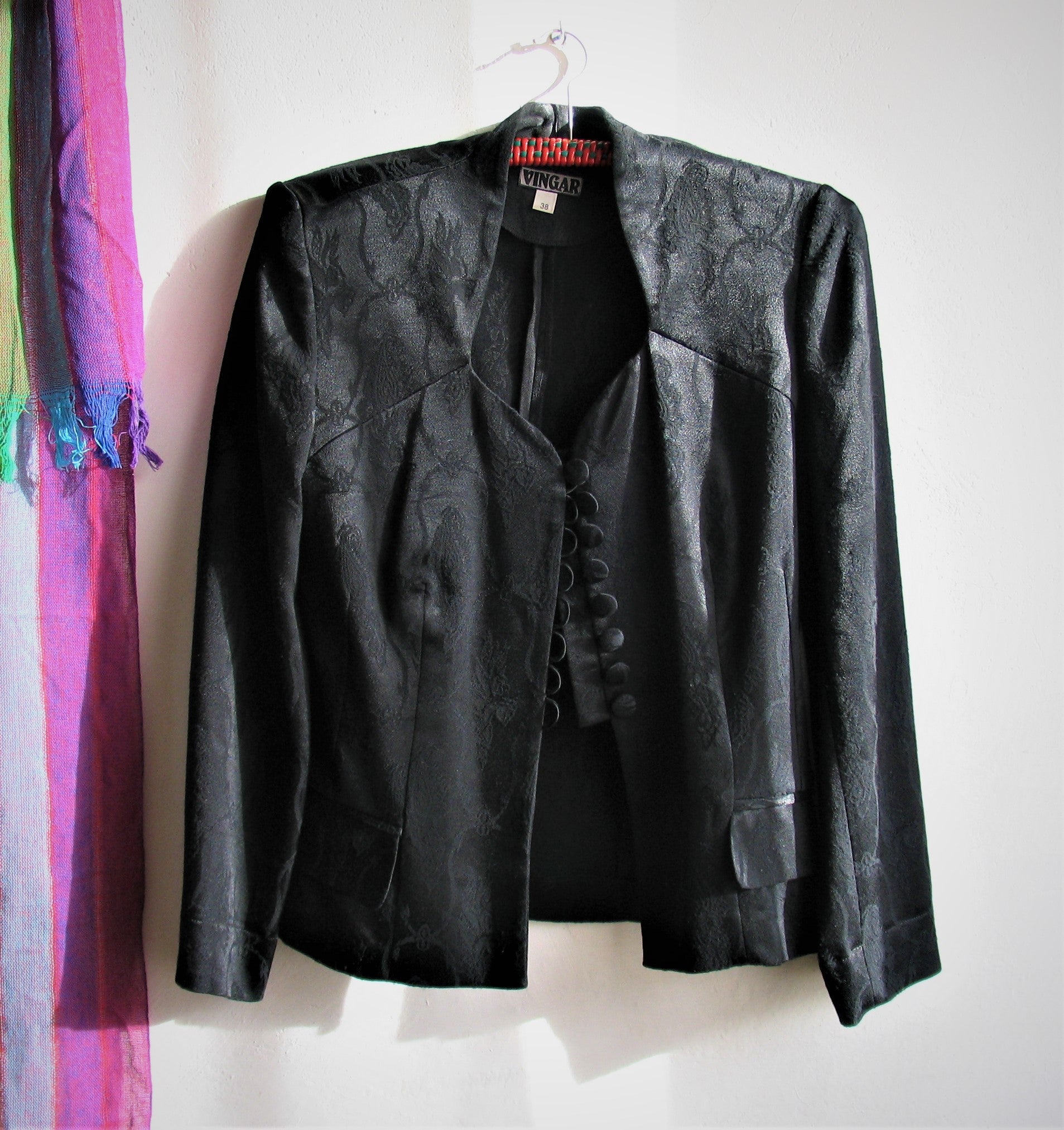 Vintage 80s Women Black Jacquard Suit Ladies Suit Set Jacket skirt