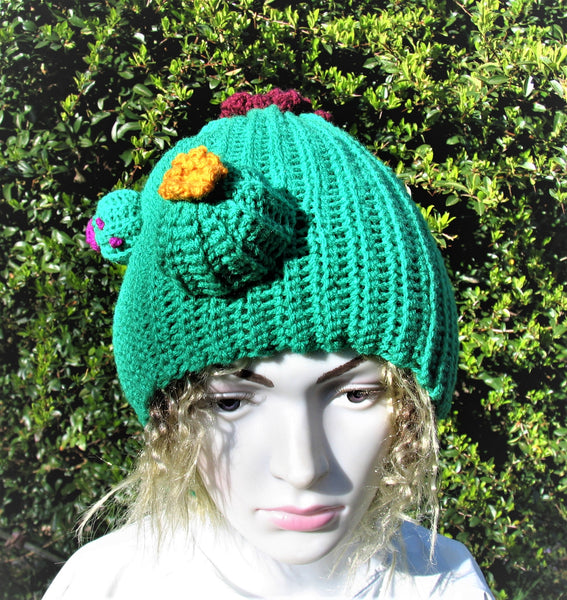 Cactus Crochet Unisex Dread Beanie Hat with Flowers Green Beanie