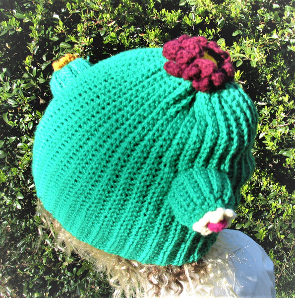 Cactus Crochet Unisex Dread Beanie Hat with Flowers Green Beanie