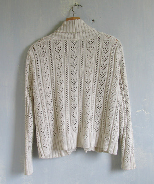 Vintage 70s Ivory Color Cotton Cardigan Sweater Hippie Boho Grunge Beach Wedding SIze L