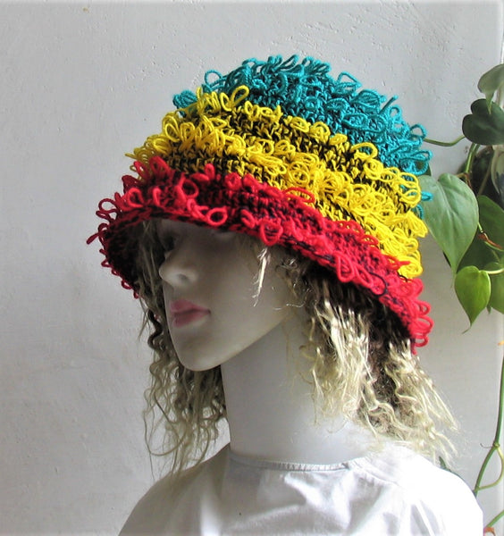 Bucket Hat  Distressed Crochet Sun Beach Rustic Bohemian Dreads Hat Boho Hippie Hipster Festival Hat Girl's Ladies Hat 60s